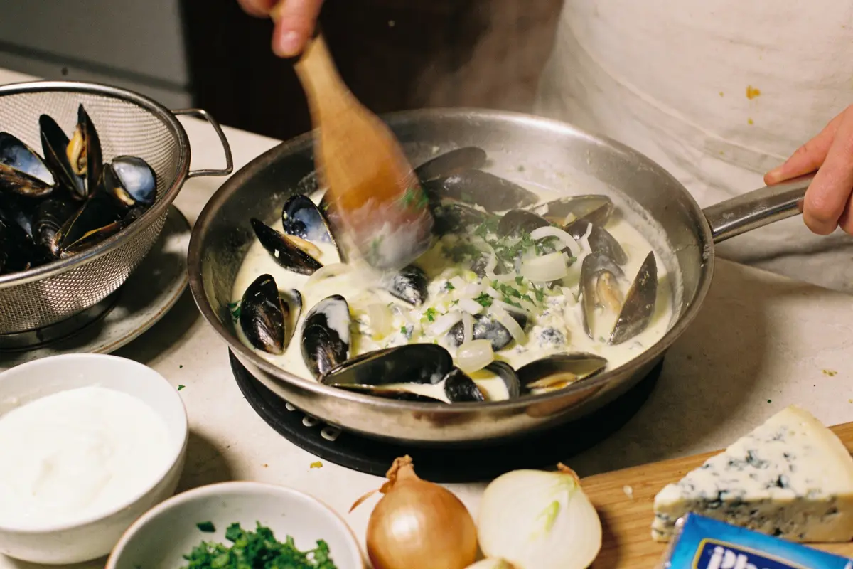 Cuisinier remuant moules dans sauce crémeuse avec persil, oignons, fromage et crème sur table.