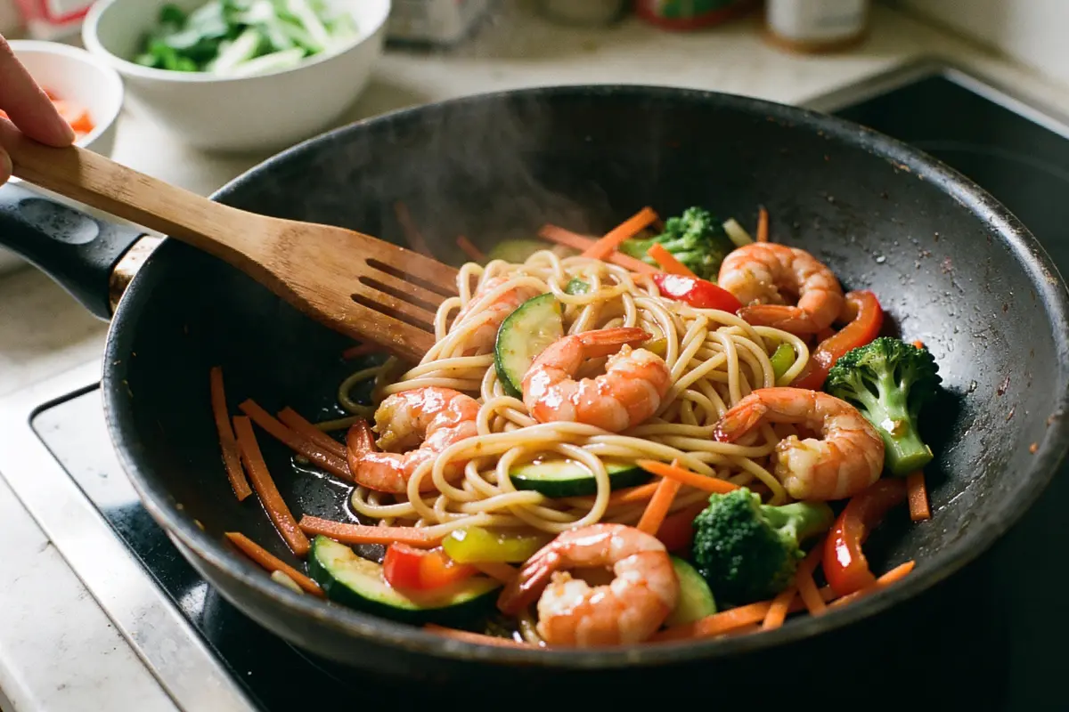 Wok avec crevettes, nouilles, brocoli, carottes, poivrons et courgettes, cuisiné avec une spatule en bois.