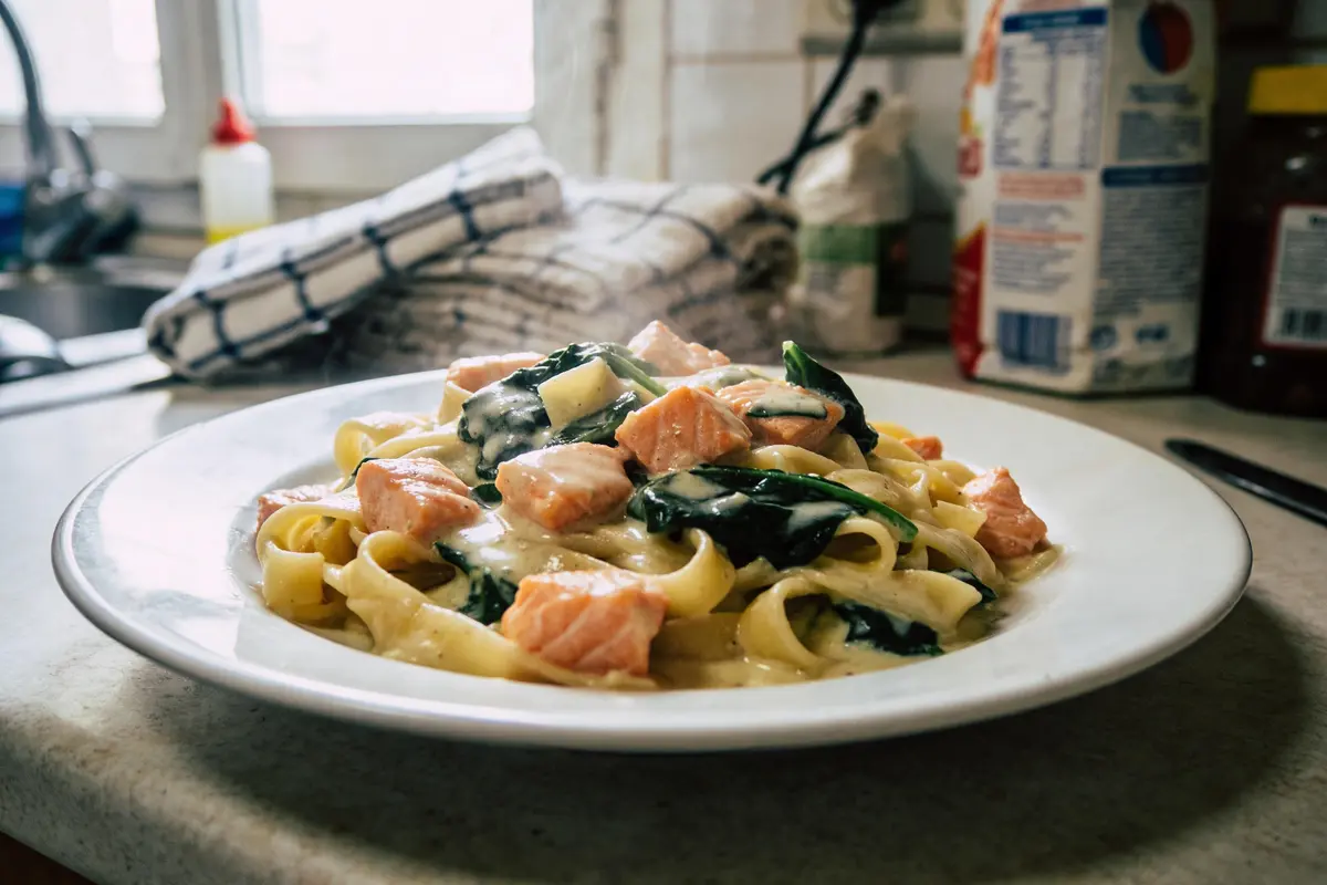 Assiette de pâtes tagliatelles au saumon et épinards, servie avec sauce crémeuse, sur un comptoir de cuisine.
