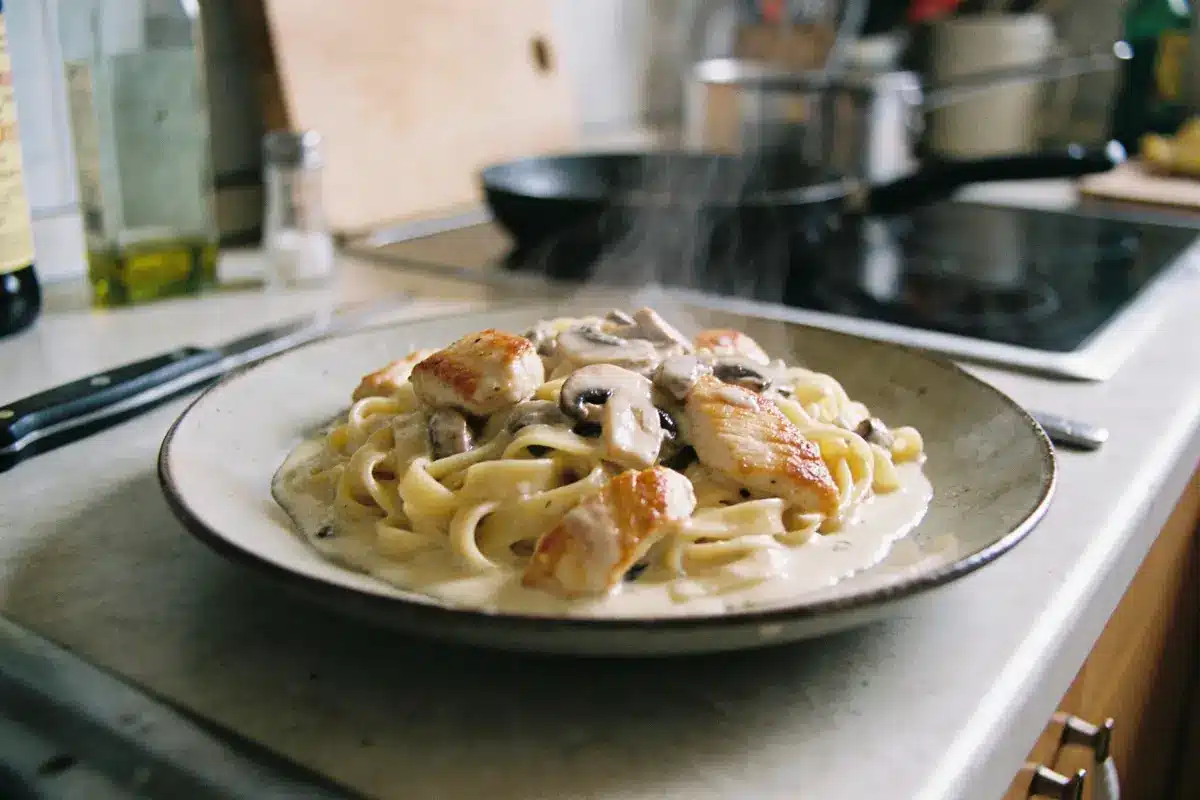 Tagliatelles crémeuses au poulet et champignons dans une assiette sur un plan de travail.