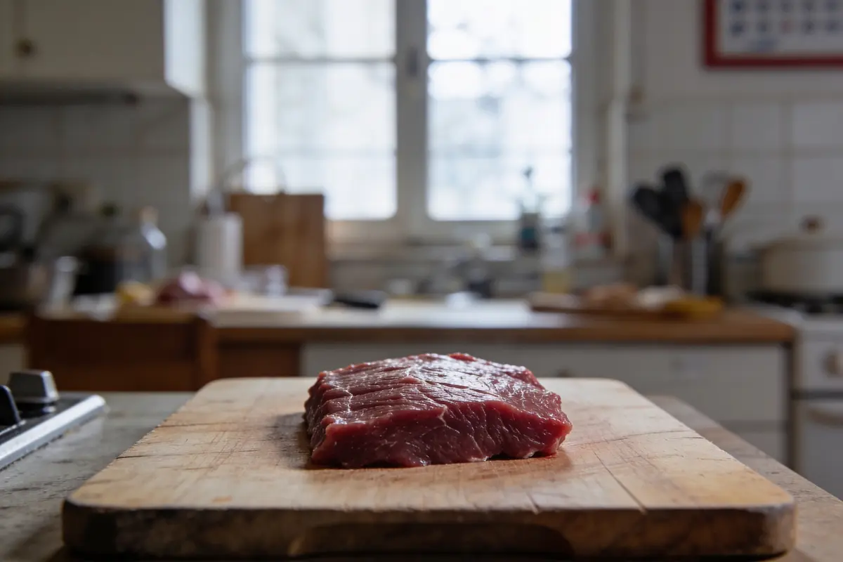 Un morceau de viande crue sur une planche à découper dans une cuisine lumineuse.