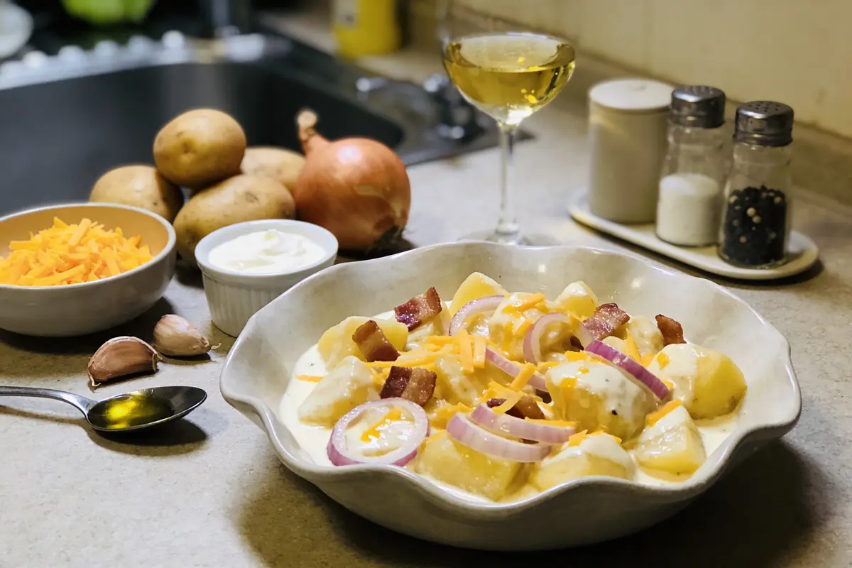 Plat de pommes de terre crémeux avec lard, oignons, fromage. Ingrédients: ail, cheddar, crème, vinsum et légumes.