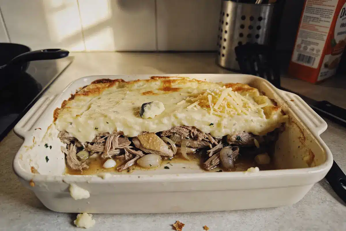 Plat de hachis parmentier avec viande, oignons, purée de pommes de terre et fromage râpé dans un plat blanc.