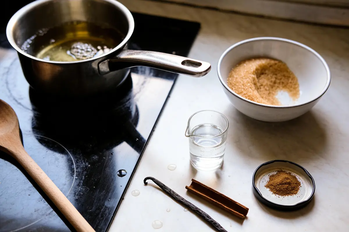 Casserole sur plaque chauffante avec sucre, épices, eau, cuillère en bois pour cuisine.