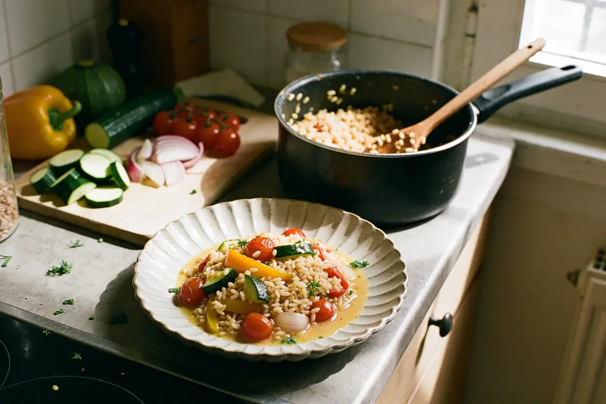 Assiette de risotto aux légumes sur table de cuisine, légumes frais en arrière-plan.
