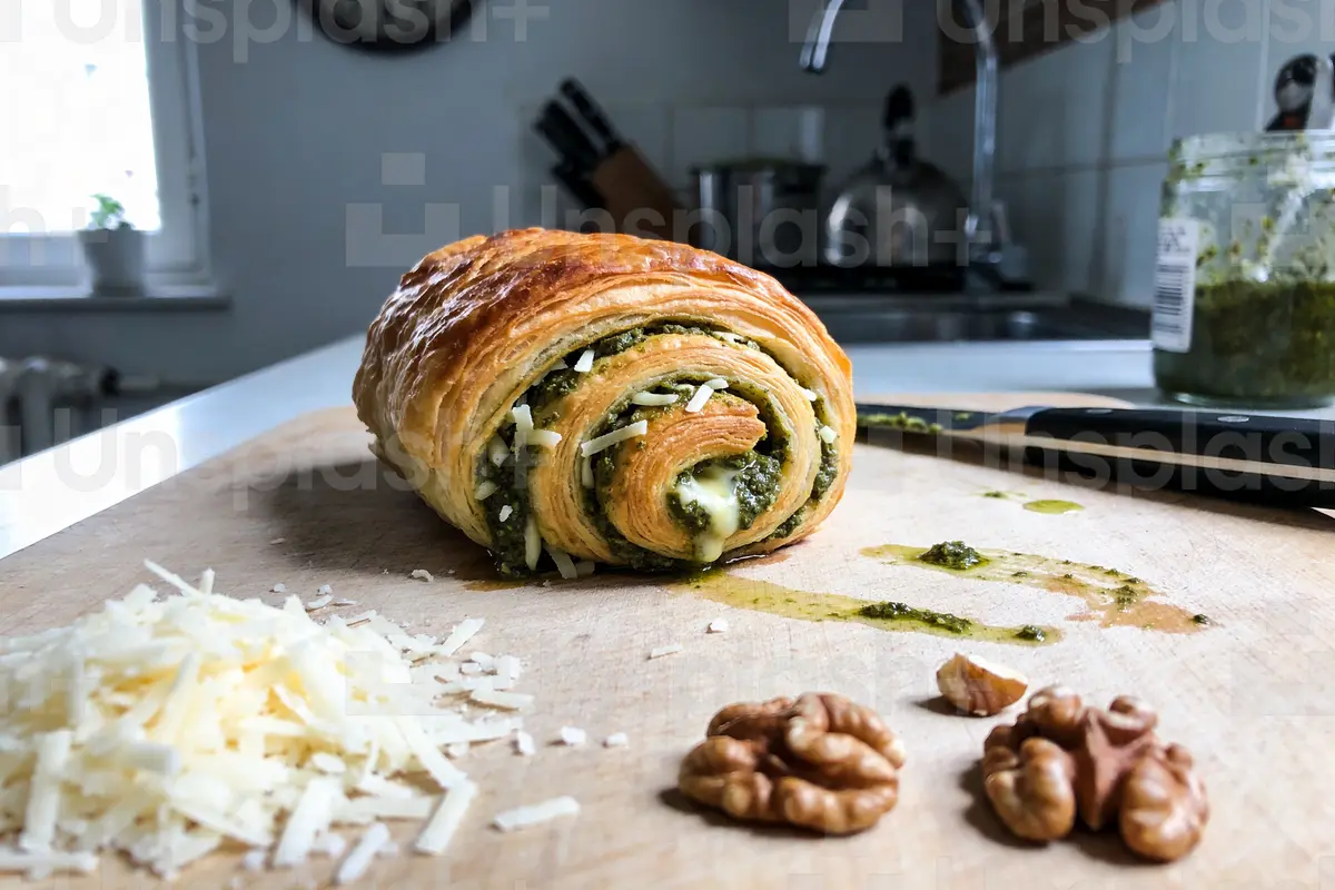 Croissant feuilleté au pesto sur planche bois, avec fromage râpé et noix en cuisine lumineuse.