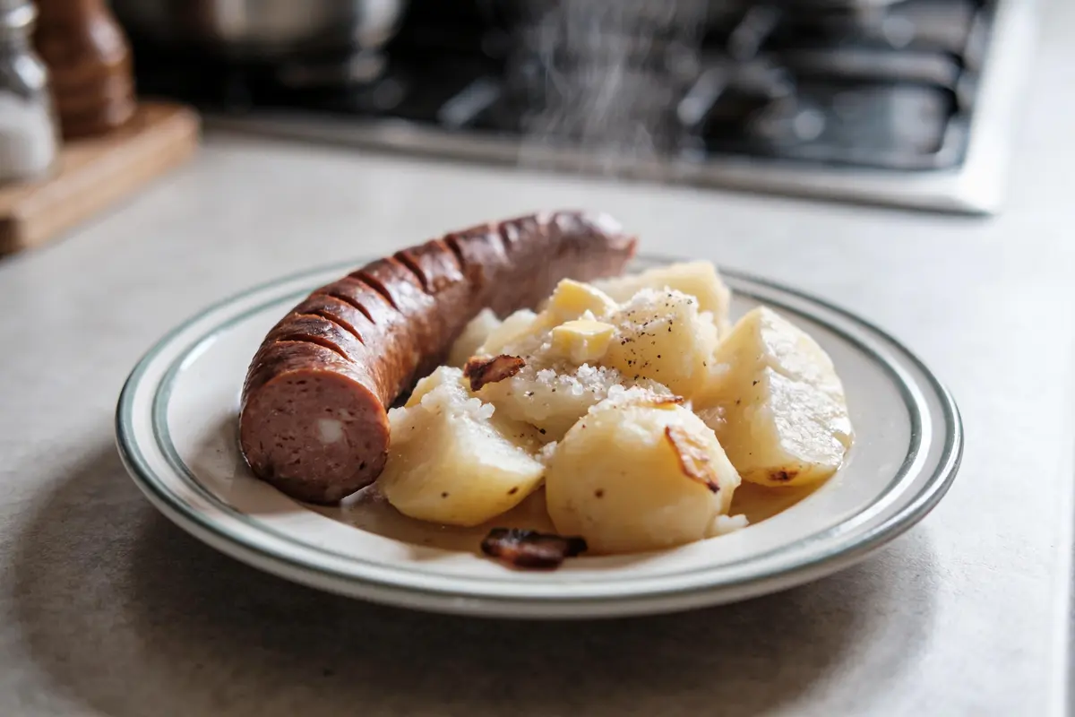 Assiette de saucisse et pommes de terre vapeur, assaisonnées de sel et poivre. Cuisine en arrière-plan.