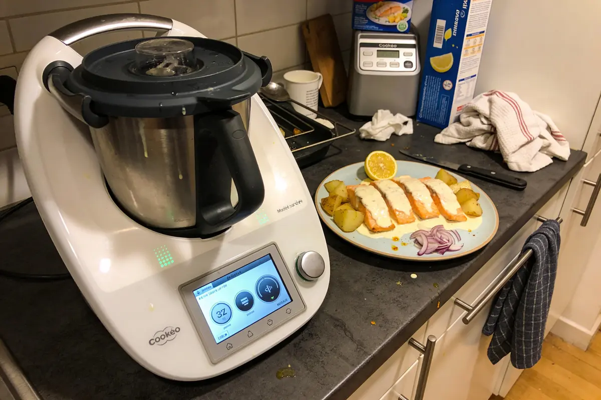 Robot de cuisine sur plan de travail, avec assiette de saumon, pommes de terre, citron, et rondelles d’oignon rouge.