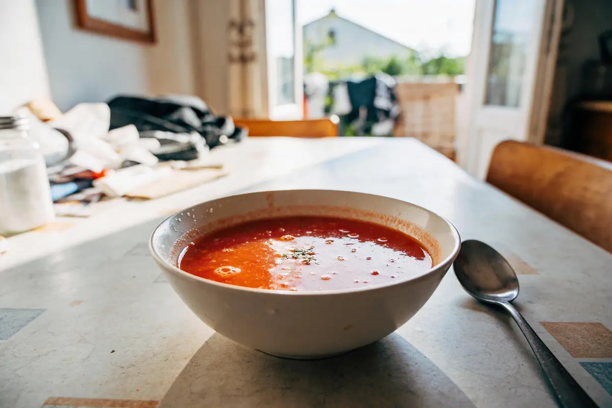 Bol de soupe rouge, cuillère en métal, table ensoleillée, arrière-plan flou avec porte ouverte.
