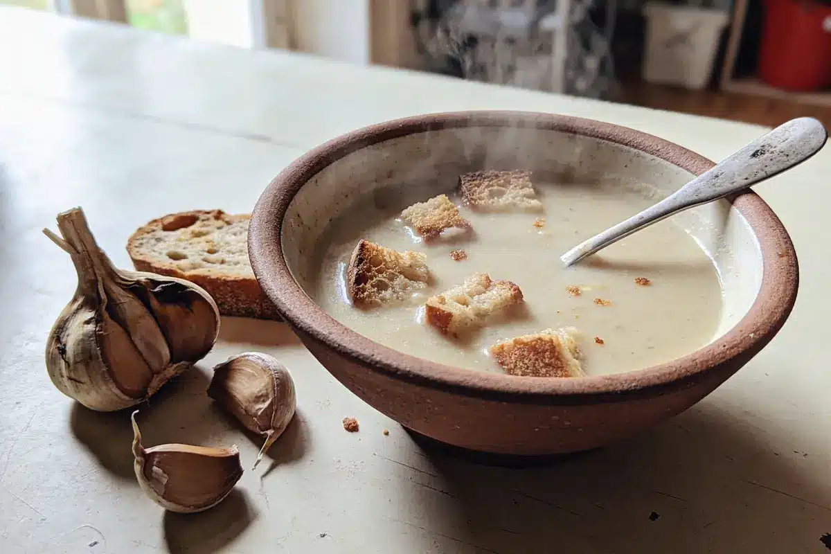 Bol de soupe à l'ail avec croûtons, ail et pain sur une table.