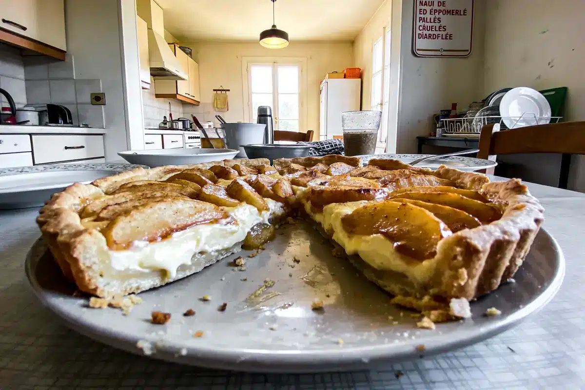 Tarte aux pommes partiellement mangée sur une assiette, cuisine en arrière-plan avec lumière naturelle.
