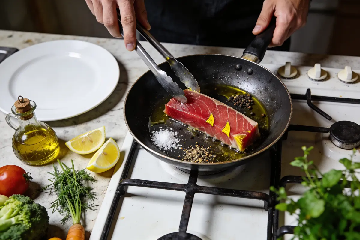 Cuisson de thon dans poêle, huile d'olive, citron, épices, herbes, légumes, sur plaque de cuisson.